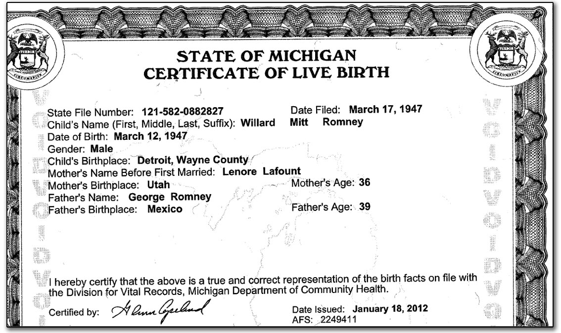 Romney Birth Certificate